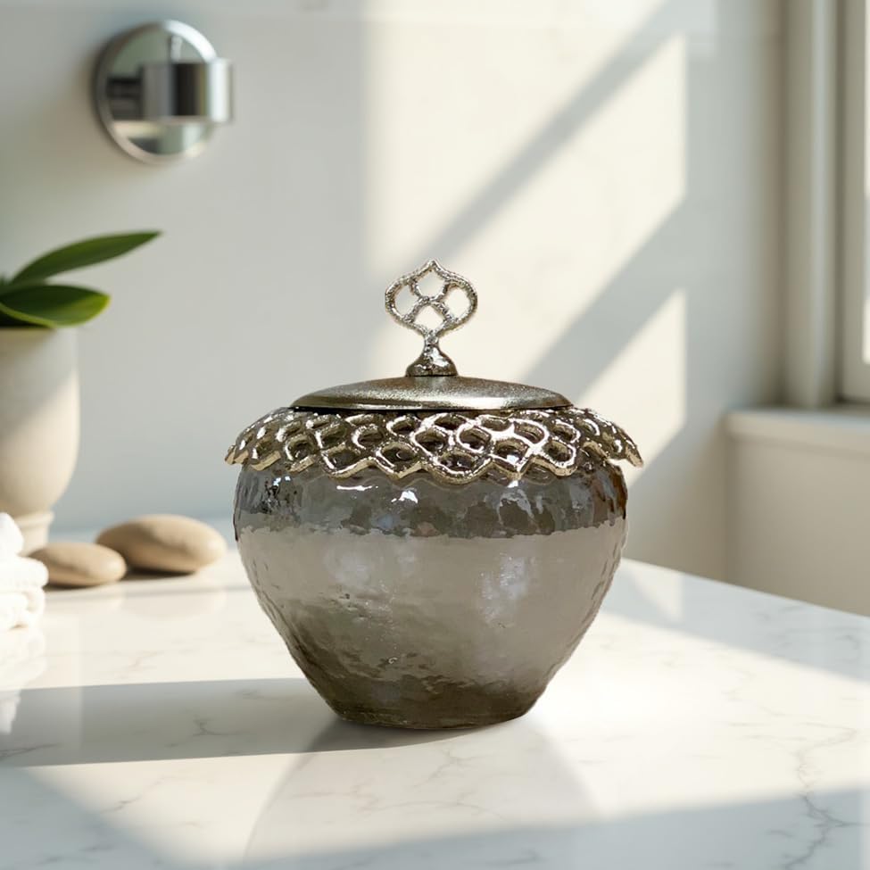 Decozen Qtip Holder and Cotton Jar with Lid - Elegant Glass and Metal Organizer for Decorative Kitchen Home Decor Bath Accessories Countertop Glass Jar Lid Organizer - The Arabesque Collection