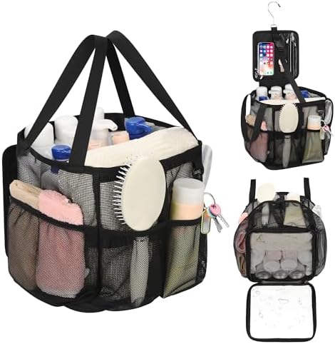 CUBETASTIC Mesh Shower Caddy Portable - Large Capacity Shower Tote for College Dorm Essentials, Bathroom, Gym, Camping, 360° Hanging Hook & 4 Pockets Travel Toiletry Bag (A# Black, 8.6"×8.6"×9.8")