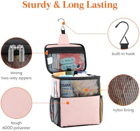 Lifewit Mesh Shower Caddy Bag Portable for College Dorm Room Essentials, Hanging Organizer Basket, Quick Dry Tote Bag for Camping, Bathroom, Beach, Travel, Medium, Pink