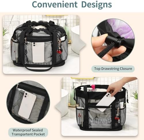 Large Shower Caddy Portable, Mesh Shower Caddy with Hook, Hanging Toiletry Bag with Dividers, Quick Dry Bathroom Tote Shower Bag with Bottom Zipper Open Design for Gym, Dorm, Camping, Beach, Travel