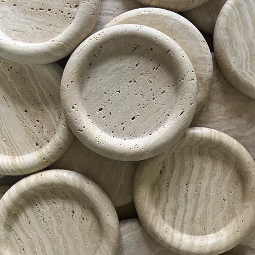 Natural Marble Round Vanity Tray Jewelry Makeup Dish Decorative Tray for Coffee Table,Bathroom,Bedroom (Beige Travertine)