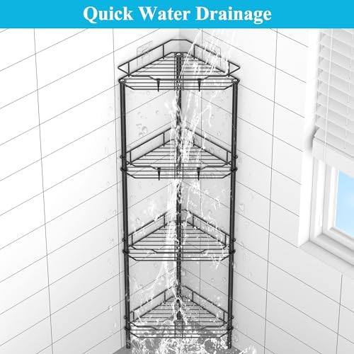 HuggieGems Metal Floor Standing Corner Shower Caddy, Matt Black, 4 Tier