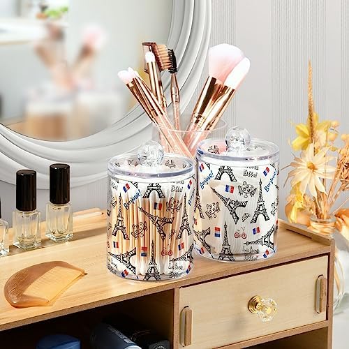 France Paris Tower 4 Pack Plastic Qtips Holder Bathroom Organizer Canisters for Cotton Balls/Swabs/Pads/Floss,Plastic Apothecary Jars for Vanity