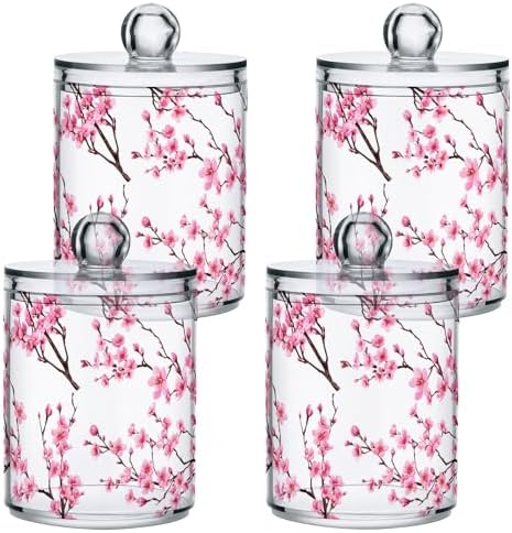 DOMIKING Cherry Blossom Branch White 2 Pack Cotton Swab Holder Dispenser Plastic Jar Bathroom Storage Canister Acrylic Containers for Cotton Ball Floss Picks Hair Clips