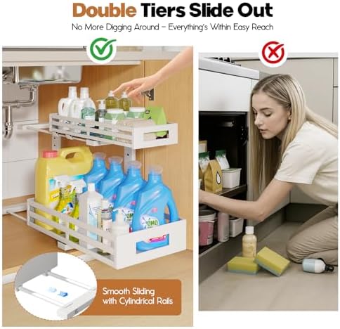 2-Pack 17"Deep Under Sink Organizer And Storage, 2-Tier L-Shaped Pull Out Cabinet Organizer with Upgraded Slide Rails, Height Adjustable Drawers for Kitchen&Bathroom, Extra-Large Storage Shelves–Gray