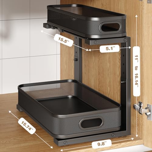 2 Pack 15.7IN-Depth Under Sink Organizer With Smooth Cylindrical Rail,2-Tier Pull Out Multi-Purpose Cabinet Storage for Bathroom&Kitchen,Height Adjustable,Rust-resistant Coating-Black