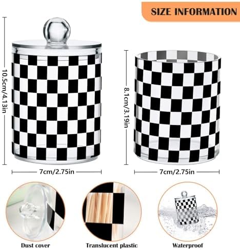 ALAZA 4pcs Black White Checkered Plaid Qtip Holder Dispenser 14 oz Bathroom Storage Clear Apothecary Jars Containers Cotton Ball,Cotton Rounds,Floss Picks, Hair Clips, Food