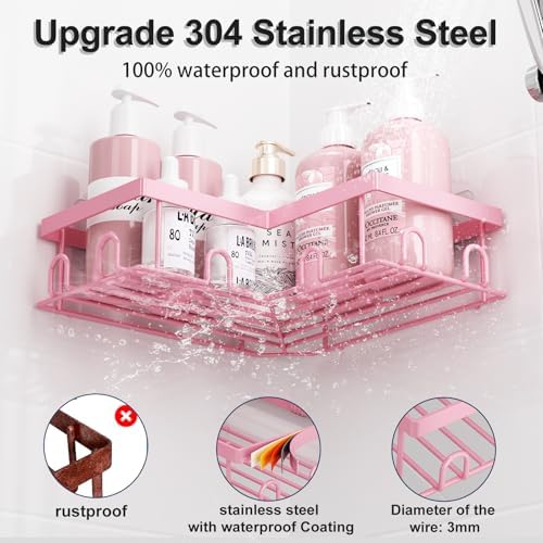 Liuoud Corner Shower Caddy, 5 Pack Adhesive Stainless Steel Organizer, Pink