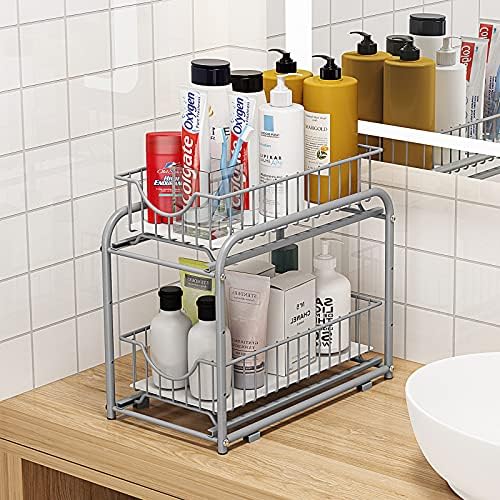 2-Tier Pull Out Organizer Under Sink Sliding Cabinet Rack,Sliver