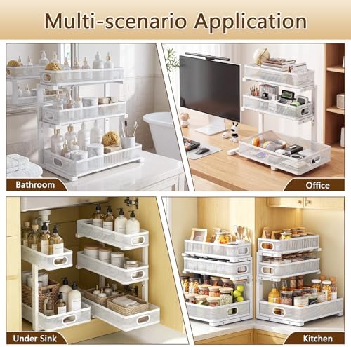 Under Sink Organizer, 2-Pack 3-tier Under Sink Storage Organizer Adjustable Height Easy Assembly Pull Out Cabinet Organizers Basket for Bathroom Kitchen Pantry Home Organization