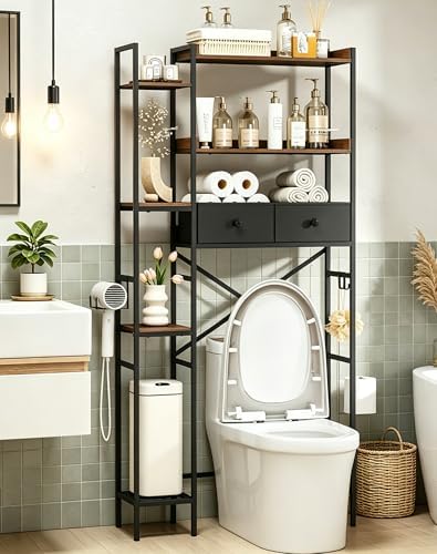 Over The Toilet Storage Rack, 7-Tier Over Toilet Bathroom Organizer with Adjustable Shelf, Above Toilet Storage with Hooks, Space-Saving, Brown Shelf