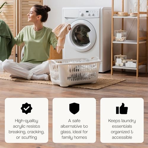 3 Pack Acrylic Laundry Room Organization Containers with Gold & Wood Knobs – Laundry Pods Container & Detergent Organizer Set | Clear Laundry Jars | Scoops & Customizable Labels | Storage Canisters