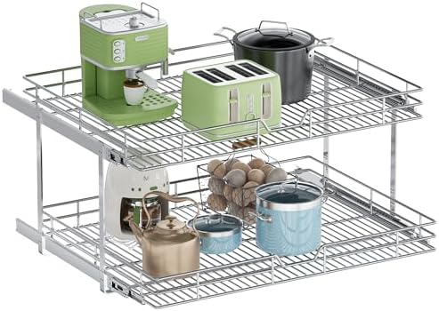 2-Tier Pull Out Cabinet Organizer, 27" W x 21.5" D, Heavy Duty Dual Slide Out Shelves for Wide Base Cabinets, Chrome Wire Basket Drawer for Pots, Pans, Pantry & Cleaning Supplies