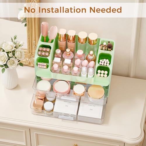 Makeup Organizer for Vanity with Brush Holder, Large Bathroom Countertop Organizer & Skincare Storage | Perfume, Cosmetics Display Case with Drawers (Green)
