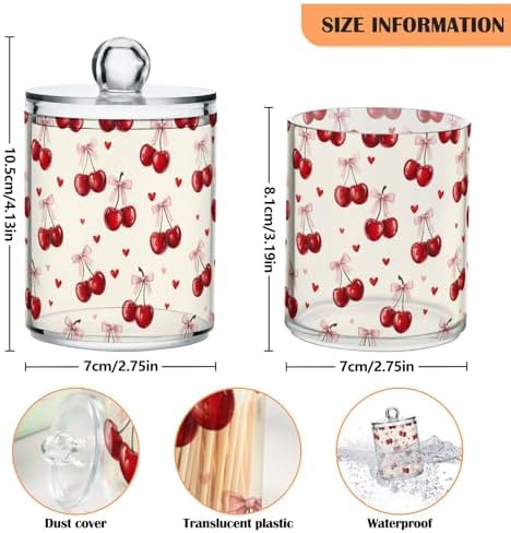 Gredecor 4 Pack Qtip Holder Clear Retro Cherry Heart Bow Apothecary Jars with Lids Acrylic Bathroom Jars Vanity Countertop Canister Storage Organizer for Cotton Ball,Swabs,Pads,Floss