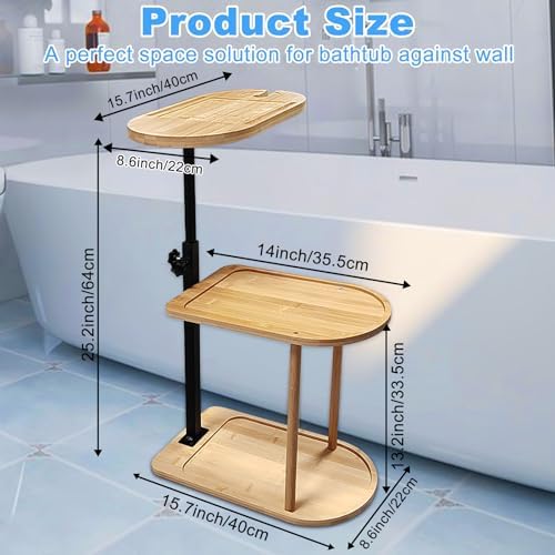 3 Layer Bath Tub Tray Table Liftable Freestanding Bamboo Bath Tray Caddy for Tub Against Wall Shelf Bathroom Organizer Shelf for Luxury Spa (Oval)