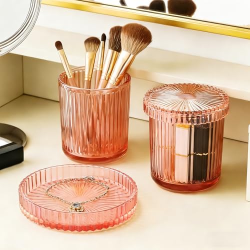 Glass Qtip Dispenser 2 Pack, Clear Bathroom Storage Organizer for Cotton Swabs, Balls, Pads & Floss Picks, Vanity Makeup Essential Accessories (Pink)