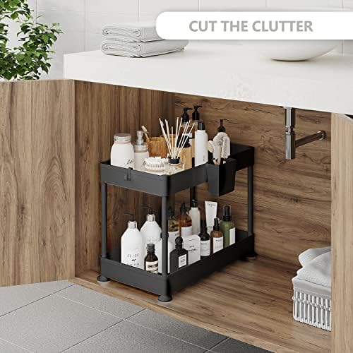 Under Sink Organizers and Storage | Bathroom Cabinet Organizer, Sink Shelf with Utility Hooks and Side Caddy for Under Cabinet Storage | Black (2-Pack) Non Slip Grip Under Kitchen Sink Organizer