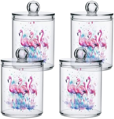 Fustylead 4 Pack Watercolor Pink Flamingos Qtip Holder Dispensers, Bathroom Storage Canister Plastic Apothecary Jar Set for Cotton Swabs, Ball, Pads, Floss