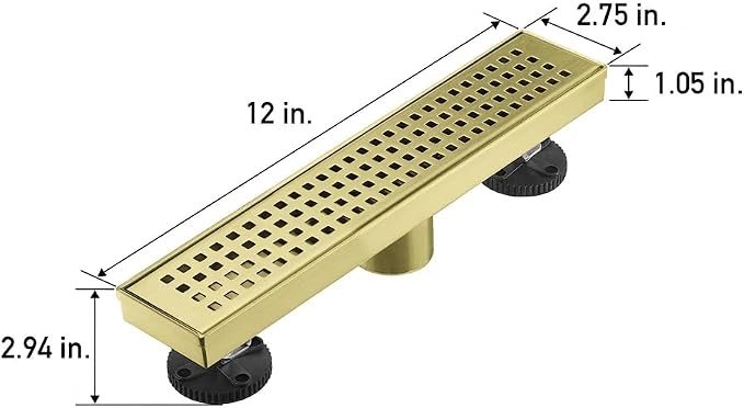 AVSIILE Linear Shower Floor Drain, Brushed Gold 12 Inch 304 Stainless Steel Bathroom Drains Kit, Long Rectangular Shower Trench Drain with Square Pattern Drain Cover & Hair Catcher