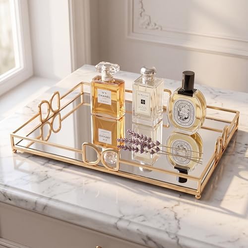 13X 10 Inch Glass and Gold Rectangle Tray ，Dinner Plate Perfume and Vanity Tray - Decorative Mirrored Vanity Tray with Gold Metal Cutout Design, Jewelry Organizer (13 Inch DD Tray)