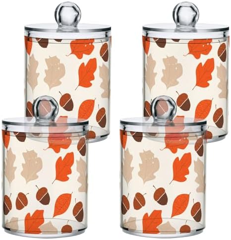 DOMIKING Acorn Autumn Leaves Beige 2 Pack Cotton Swab Holder Dispenser Plastic Jar Bathroom Storage Canister Acrylic Containers for Cotton Ball Swab Round Pads