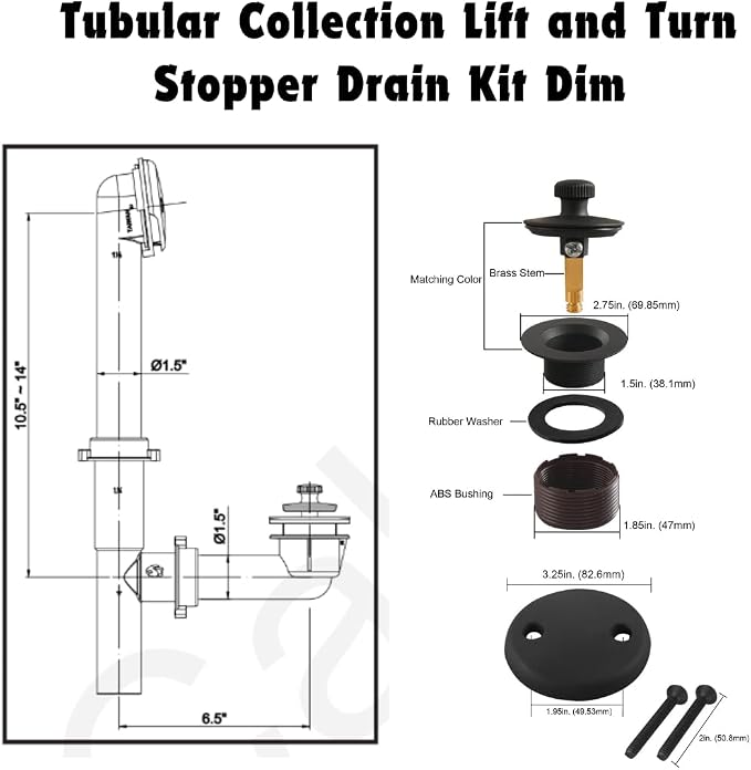 1-1/2"" White Tubular Bath Drain Kit with Lift and Turn Bath Drain Stopper, Lift and Turn Bathtub Drain Waste and Overflow with Plug and Bathtub Overflow Drain Cover, Matte Black