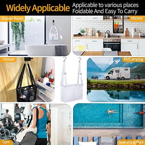 4 Storage Pockets Adjustable Hanging Mesh Bathroom Bag, Shower Caddy College with Hooks, Applied to College Dorm Rooms, Gym, Swimming and RV Travel (White)