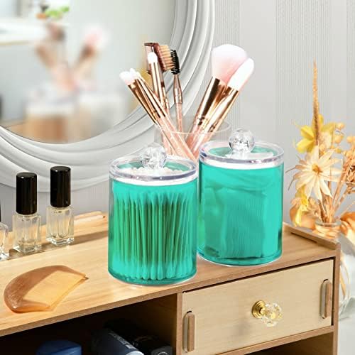 SHJI Turquoise Qtip Holder Organizer Dispenser Cotton Swabs Cans Plastic Jars with Lid Set 4 Pack Bathroom Storage Canister for Cotton Ball Floss Cotton Pads