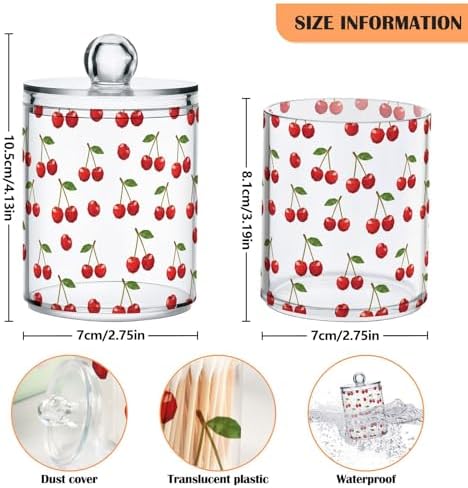 ALAZA 2pcs Red Cherry with Green Leaves Qtip Holder Dispenser 14 oz Bathroom Storage Clear Apothecary Jars Containers Cotton Ball,Cotton Rounds,Floss Picks, Hair Clips, Food
