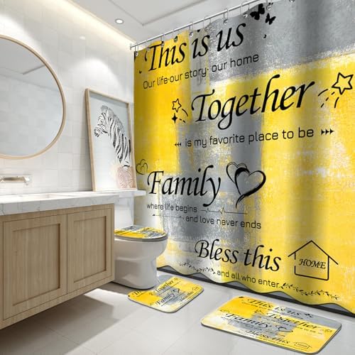 Lnond 4Pcs Shower Curtain Set with Toilet Lid Cover and Non-Slip Rugs for Bathroom,Yelloe Grey Abstract Motivational Bathroom Sets with Shower Curtain and Rugs