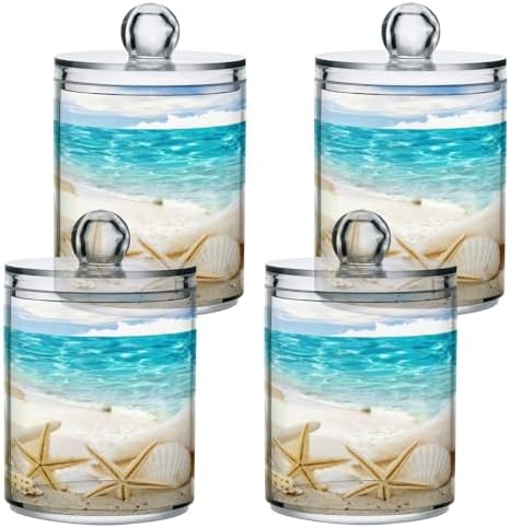 2 Pack Sea Beach Starfish Qtip Holder Dispenser with Lid, 14 oz Clear Plastic Apothecary Jar Set for Bathroom Vanity Organizers Storage Containers