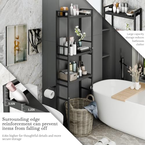3-Tier Over Toilet Storage Rack, Freestanding Above Toilet Shelf Bathroom Organizer Shelf Over Toilet Adjustable Wooden Shelves Space Saver for Rooms Bathroom Cabinet for Laundry (Black)