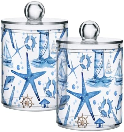 2 Pack Qtip Holder Organizer Dispenser Starfish and Lighthouse Bathroom Storage Canister Cotton Ball Holder Container for Cotton Pads/Swabs/Floss
