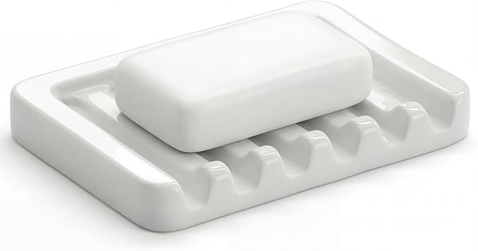 Ceramic Soap Dish Self Draining Soap Holder Bathroom Sink | White Porcelain Soap Tray Self Draining Keeps Soap Dry Anti Slip Silicone Pads Easy Clean Modern Minimalist Bathroom Shower