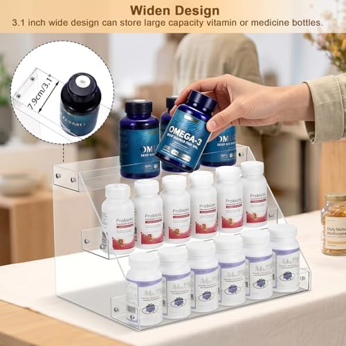 BSTKEY 3 Tier Vitamin Bottles Organizer, Acrylic Widen Tiered Tray for Medicine Bottle Prescription Bottles, Pill Bottle Organizer, Spice Rack Shelf Vanity Storage for Cabinet Kitchen Countertop