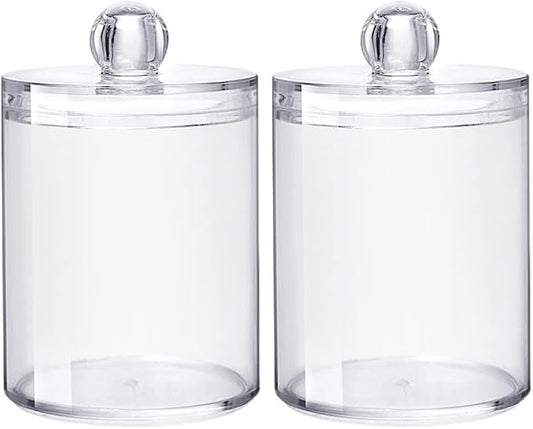 Sizikato 2pcs Clear Acrylic Q-Tip Holder for Bathroom, Round Cotton Swab Dispenser with Lid