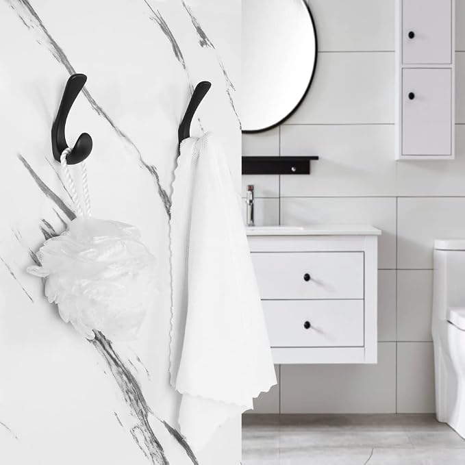 2 Pack Towel Hooks for Bathrooms Wall Mounted, Matte Black Bathroom Hooks for Towels, Robe & Towel Hook for Wall, Modern Black Bath Towel Hook