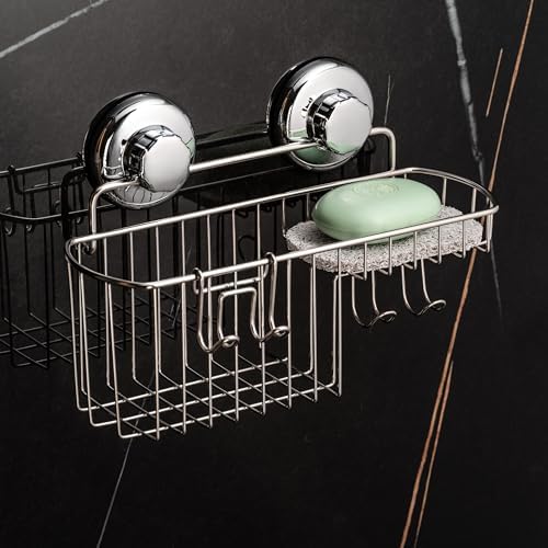 HASKO Suction Cup Shower Caddy Basket for Shampoo, Shower Suction Shelf Organizer, Basket with Soap Holder and Hooks, Stainless Steel Shampoo Holder for Bathroom Storage, Chrome
