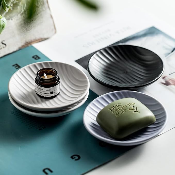 Chic Round Soap Dish, Modern Minimalist Striped Design Ceramic Tray(Oatmeal)