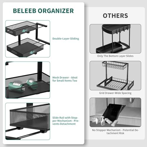 Under Sink Organizer, Extra-Wide Upgrade, 1-Pack of 2-Tier Metal Slide Out Cabinet Organizer, Height Adjustable Organization and Storage Series, Bathroom/Cabinet/Kitchen organization, Black