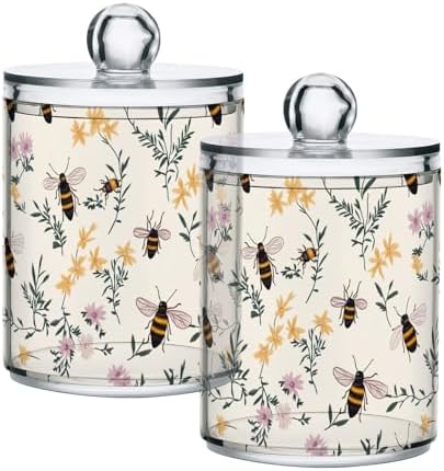 ALAZA 2 Pack Qtip Holder Vintage Honeybees Flowers, Cotton Swab Dispenser with Lid Bathroom Containers Canister Organizer Storage Jar