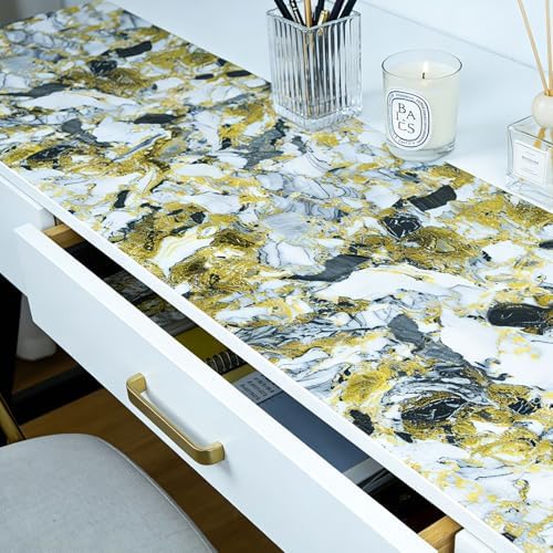 Drawer and Shelf Liner - Yellow Black Marble Pattern,Non Adhesive