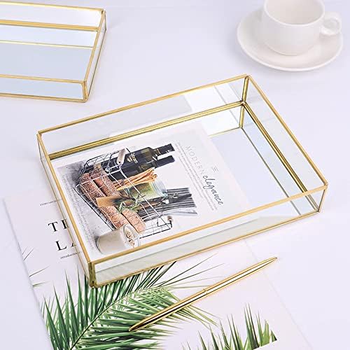Sooyee Gold Rectangle Mirror Tray, Metal and Glass Fragrance Tray, 12"x8"