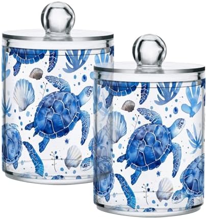 Watercolor Blue Turtles and Shells Qtip Dispenser 2 Pack Clear Plastic Apothecary Jars Bathroom Counter Organizer for Cotton Ball, Swab, Floss, Makeup Sponges, Hair Clip 10 Oz