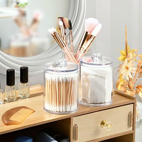 SHJI White Qtip Holder Organizer Dispenser Cotton Swabs Cans Plastic Jars with Lid Set 2 Pack Bathroom Storage Canister for Cotton Ball Floss Cotton Pads