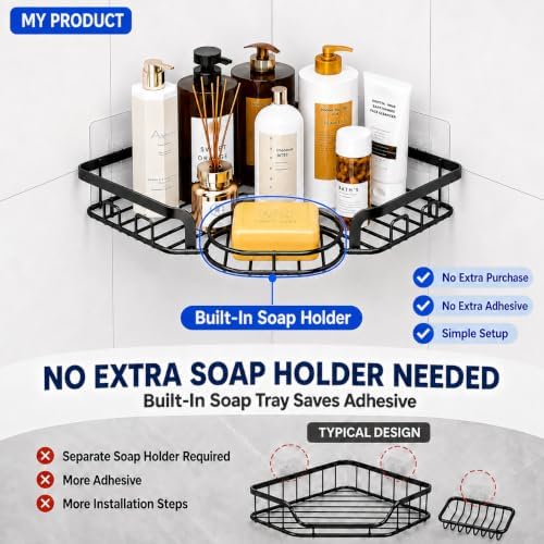 Corner Shower Caddy, Rustproof Shower Organizer with Soap Holder and 8 Hooks, No Drilling Adhesive Shower Shelves for Inside Shower, Large Capacity Shower Rack for Bathroom Shower Storage, Black