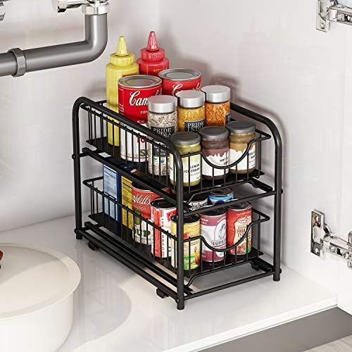 2-Tier Pull Out Organizer Under Sink Sliding Cabinet Rack,Black