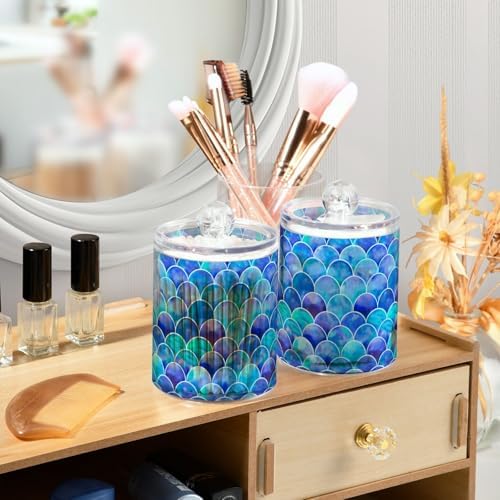 MNSRUU 2 Pack Qtip Holder Organizer Dispenser Blue Scales Of Mermaid Bathroom Storage Canister Cotton Ball Holder Bathroom Containers for Cotton Swabs/Pads/Floss
