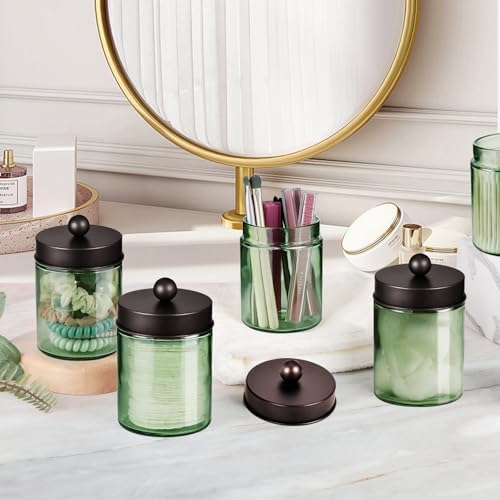 Amolliar Green Glass Apothecary Jar, Qtip Holder for Bathroom, Bronze 4Pack